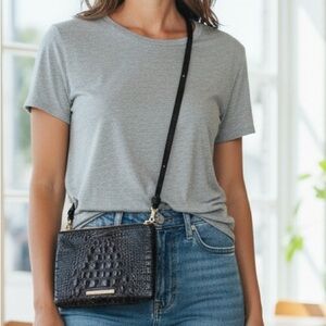 Brahmin Croc Embossed Leather Crossbody - Espresso/Black - Gold Hardware